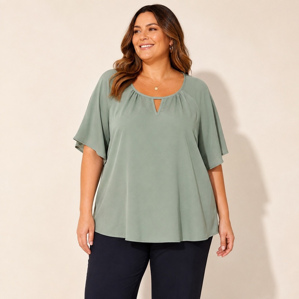 BloomChic Sage Green Keyhole Pleated Blouse Plus Size 22-24 Flowy Office Career
